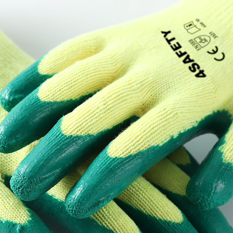 Yellow And Green Latex Coated Crinkle Wrinkle Cotton Gloves