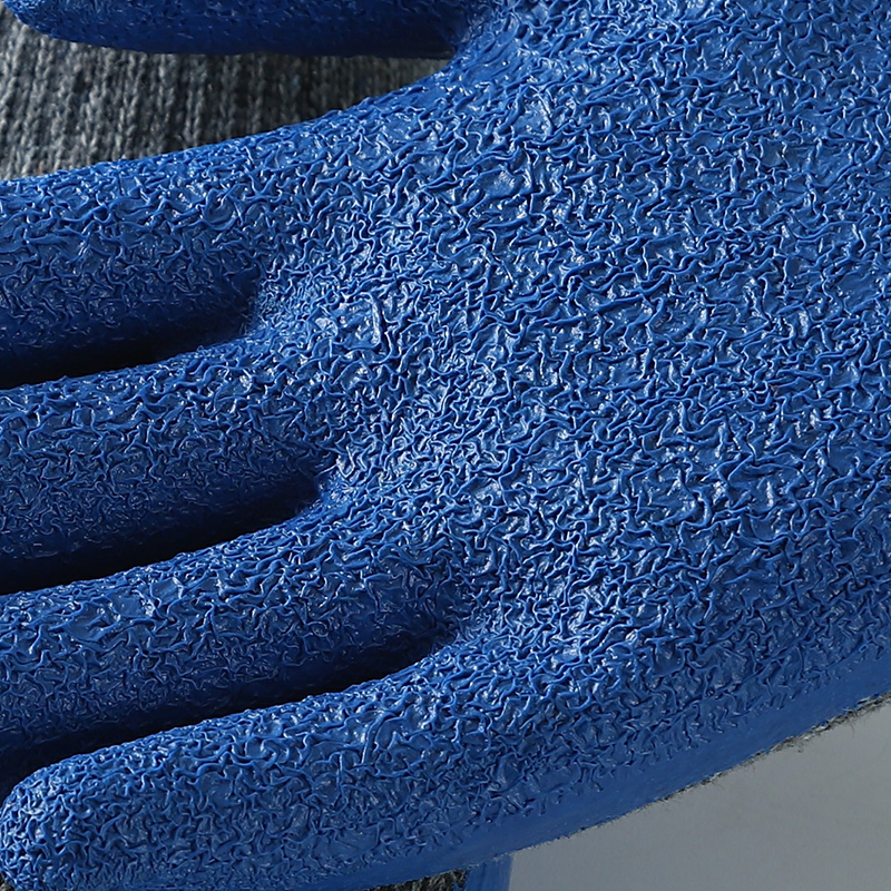 Gray cotton with blue latex crinkle coating gloves