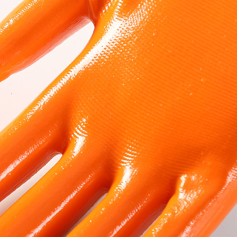 White polyester with orange nitrile coating gloves