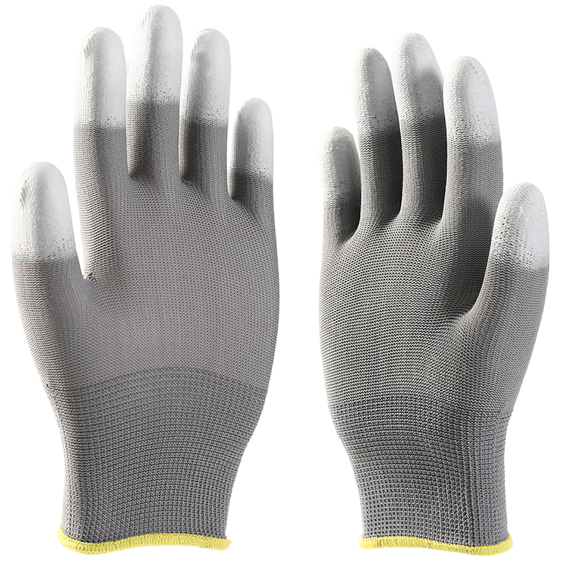 Hot Sale Grey Pu Finger Coated Glowes Working Polyester Lining Pu Dipping Safety Working Gloves