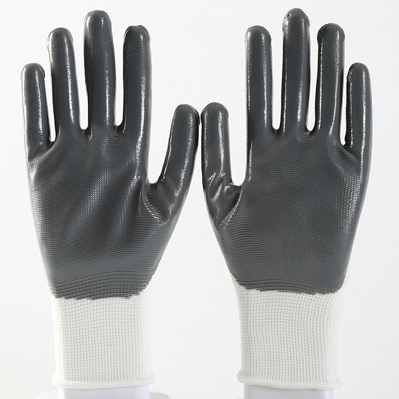 White polyester with gray nitrile coating gloves