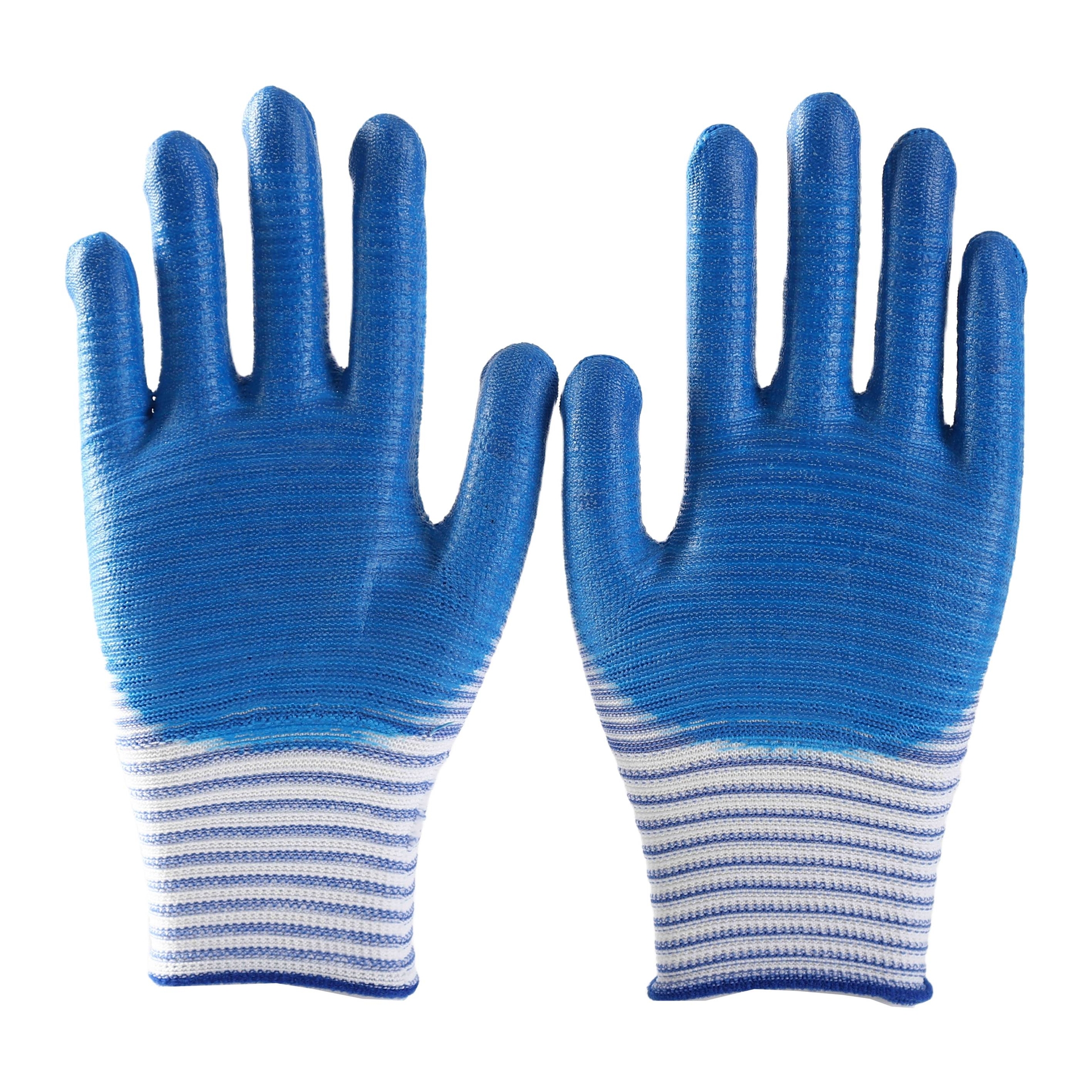 Pattern polyester with blue nitrile coating gloves