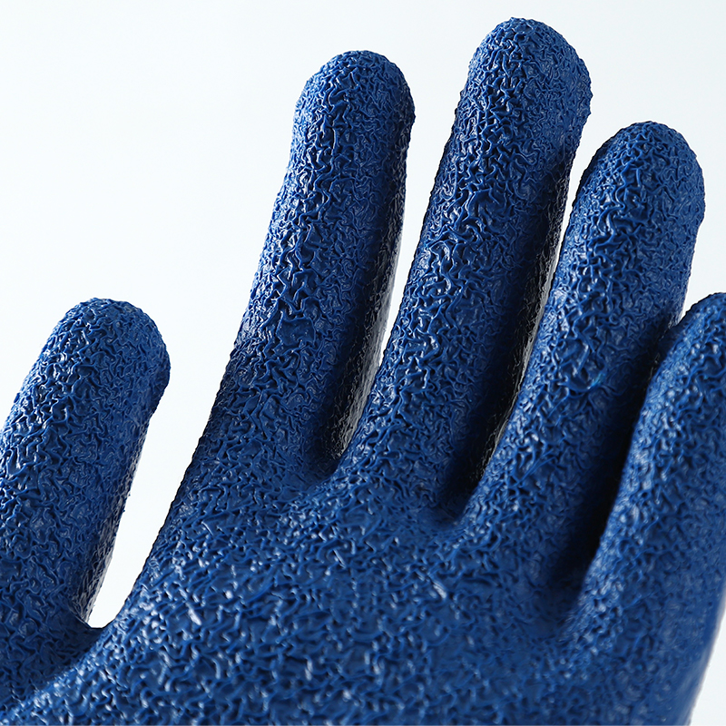 Gray cotton with blue latex crinkle coating gloves