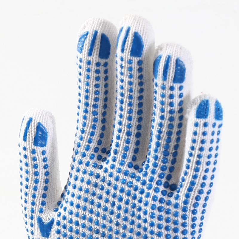 Blue color PVC dotted bleached white cotton gloves