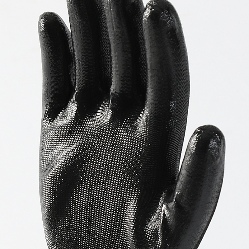 Black polyester with black nitrile coating gloves