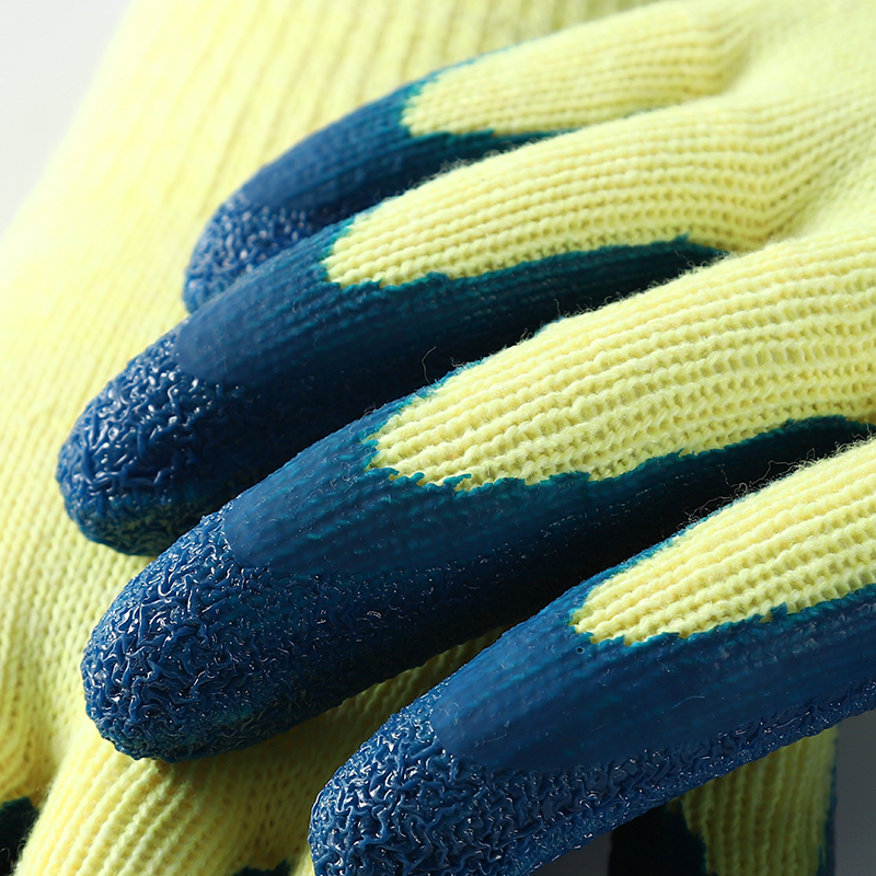 Yellow And Blue 10G Cotton Agriculture Safety Work Safety Latex Crinkle Palm Coated Hand Gloves