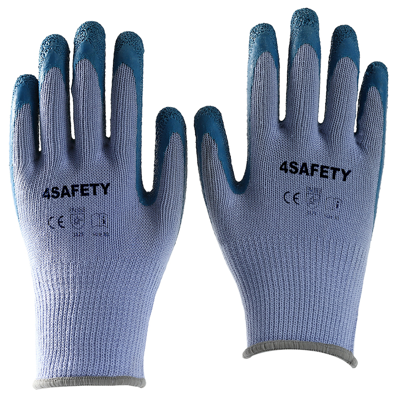 Blue cotton with blue latex crinkle coating gloves