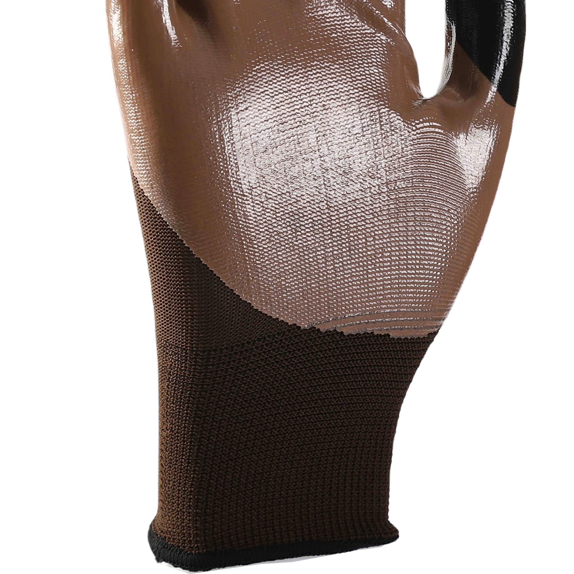 Brown polyester with brown nitrile Half Coated Gloves