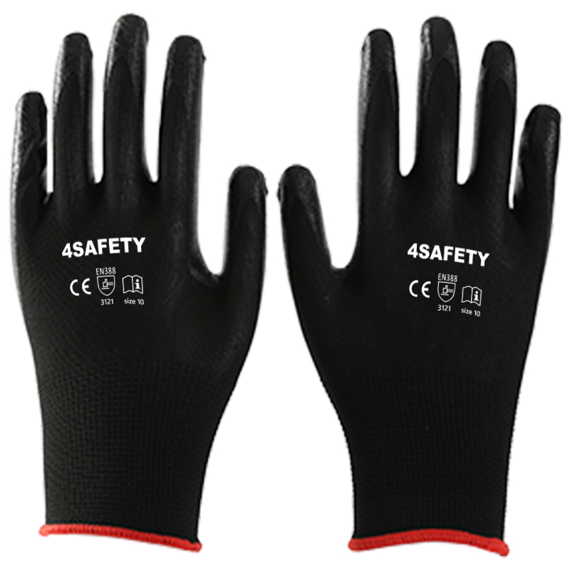 Black polyester with black nitrile coating gloves