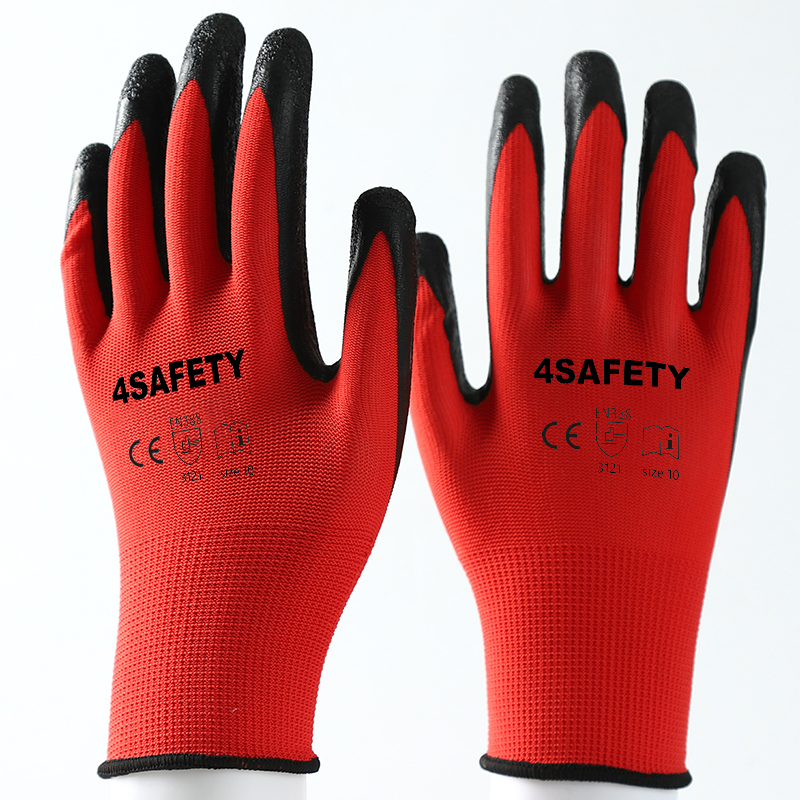 Red polyester with black crinkle latex coated gloves