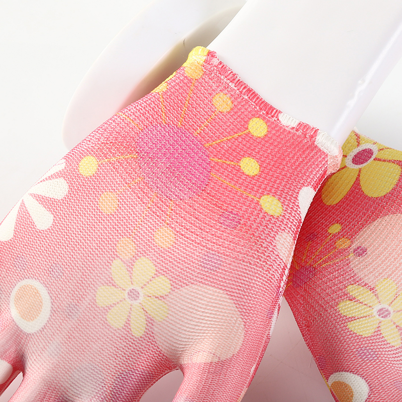 Custom Flower Pattern Women 13G Coated PU Working Safety Gloves