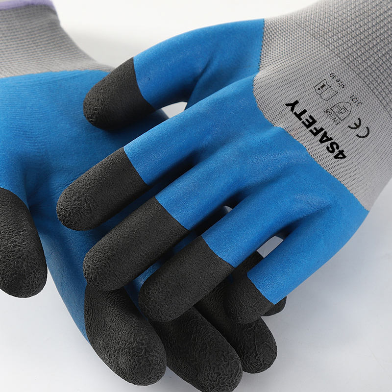 Gray polyester with blue latex foam half coating gloves finger strengthen