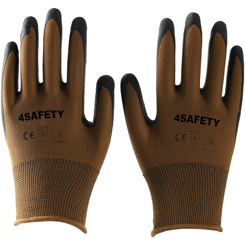 Brown polyester with black crinkle latex coated gloves