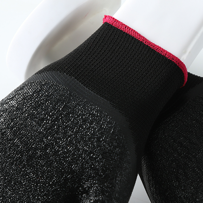 Black polyester with black crinkle latex coated gloves