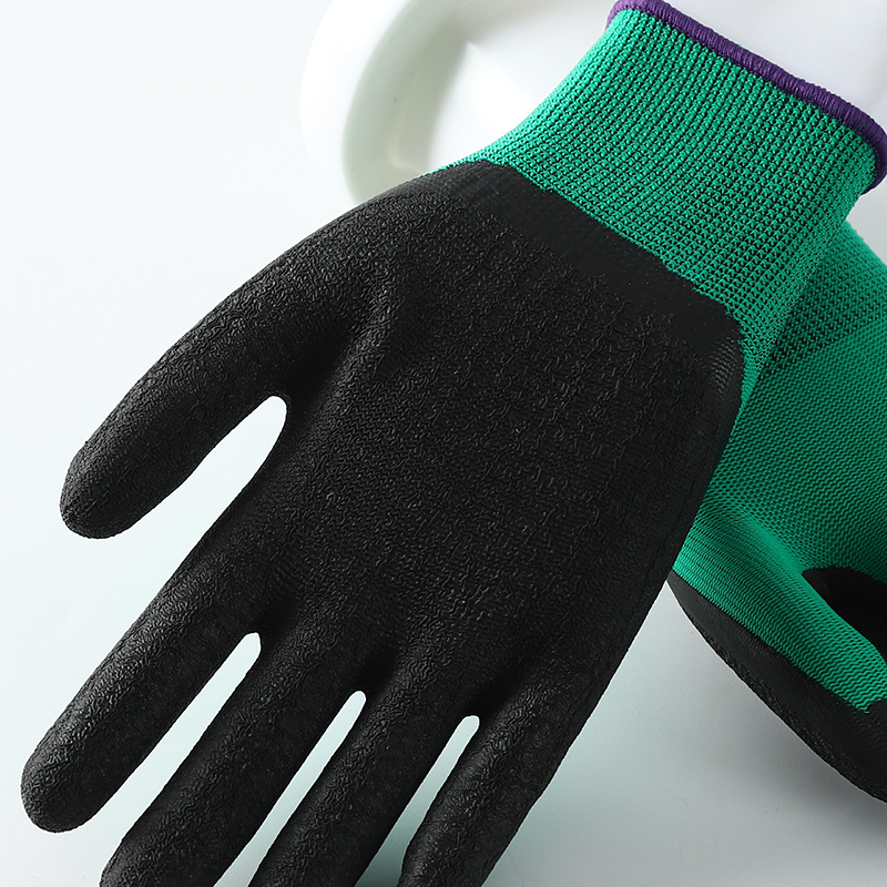 Green polyester with black crinkle latex coated gloves