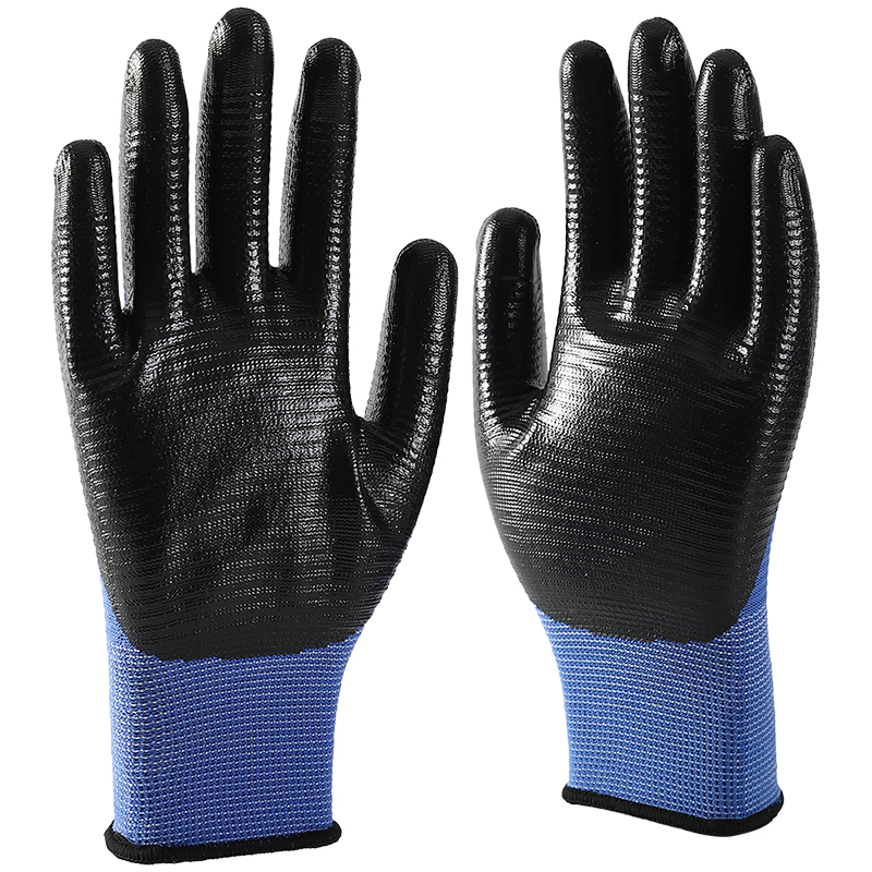 Blue zebra polyester with black nitrile coating gloves