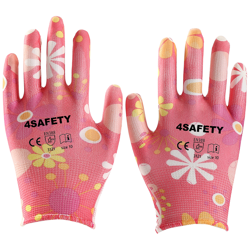 Custom Flower Pattern Women 13G Coated PU Working Safety Gloves