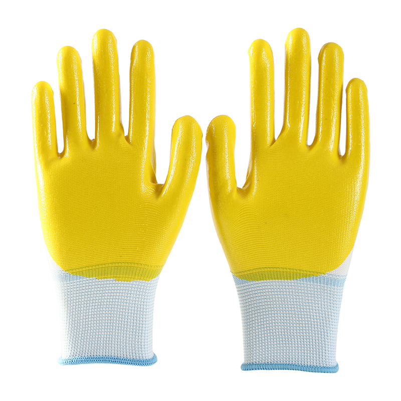 Interlock knit wrist yellow wave crinkle latex fully coating gloves