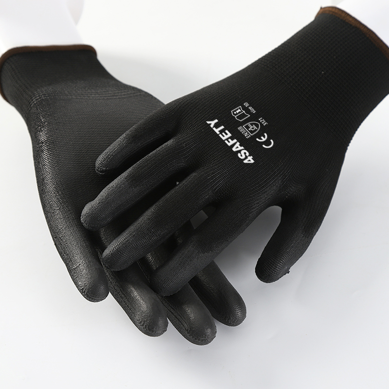 Black polyester with black pu coating gloves