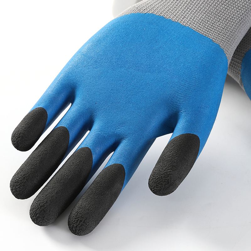 Gray polyester with blue latex foam half coating gloves finger strengthen