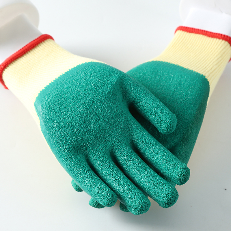 Yellow cotton with green latex crinkle coating gloves