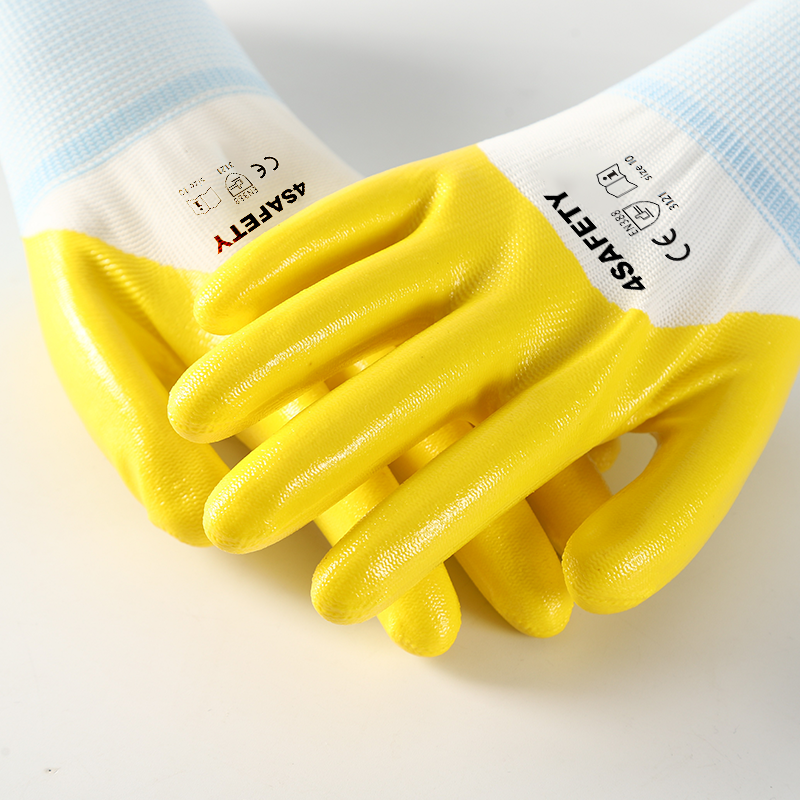 Interlock knit wrist yellow wave crinkle latex fully coating gloves