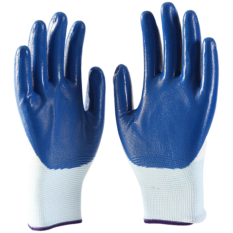 White polyester with blue nitrile coating gloves