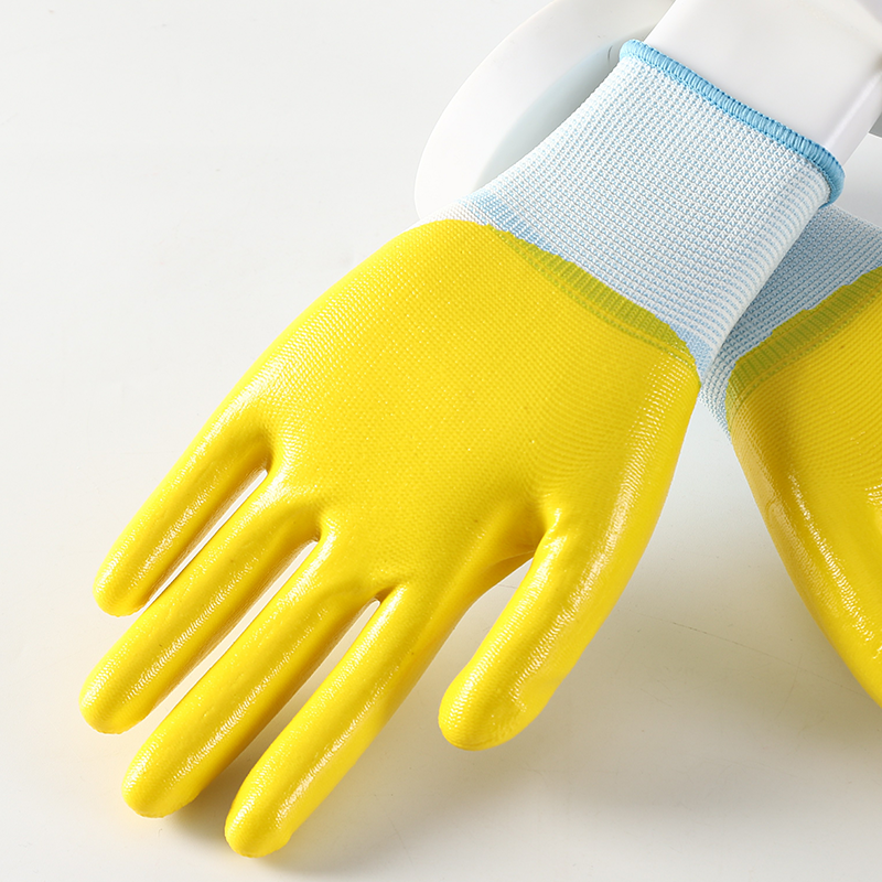 Interlock knit wrist yellow wave crinkle latex fully coating gloves