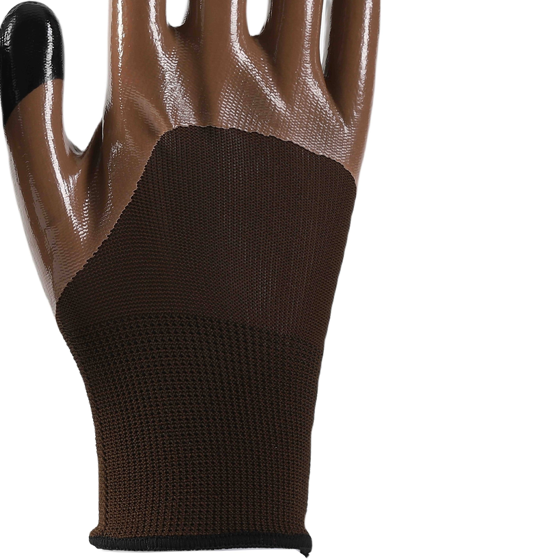 Brown polyester with brown nitrile Half Coated Gloves