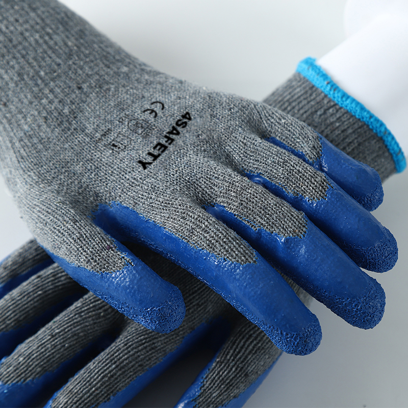 Gray And Blue Latex Coated White Cotton Liner Safety Working Wrinkle Latex Palm Gloves