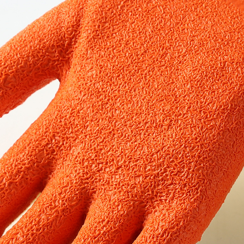 Yellow cotton with orange latex crinkle coating gloves