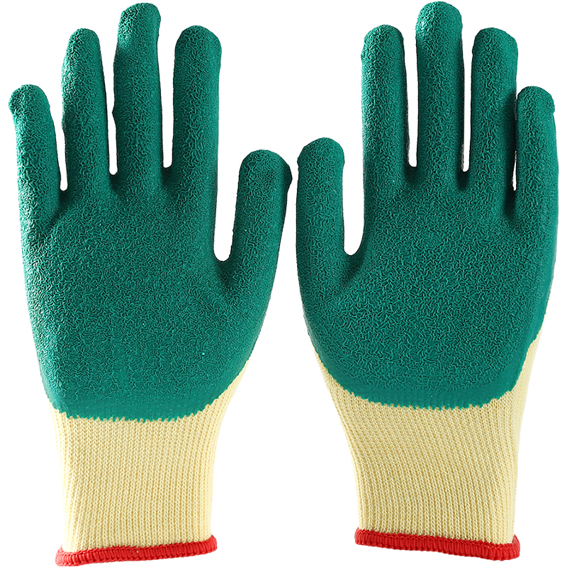 Yellow cotton with green latex crinkle coating gloves