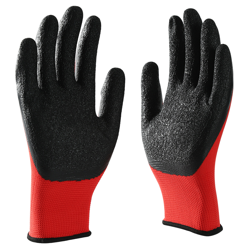 Red polyester with black nitrile coating gloves