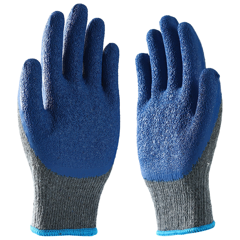 Gray And Blue Latex Coated White Cotton Liner Safety Working Wrinkle Latex Palm Gloves