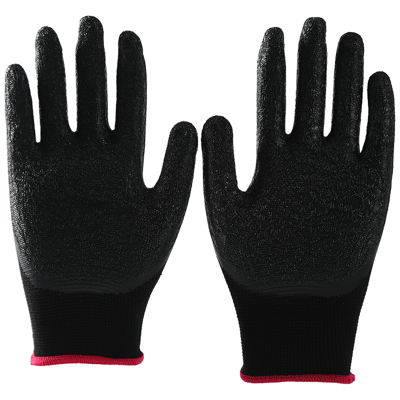 Black polyester with black crinkle latex coated gloves