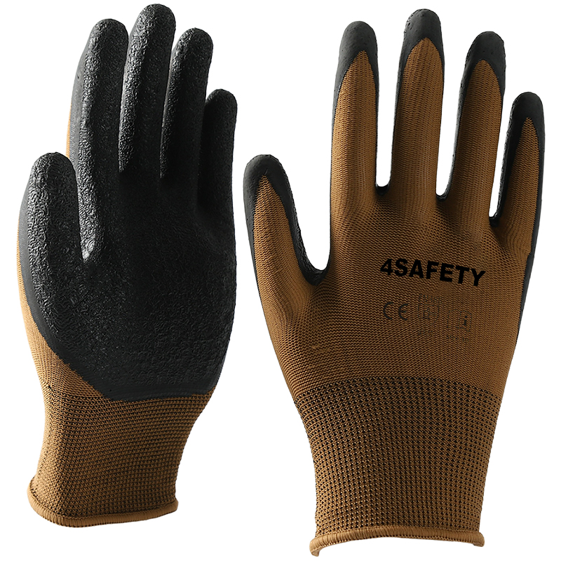 Brown polyester with black crinkle latex coated gloves