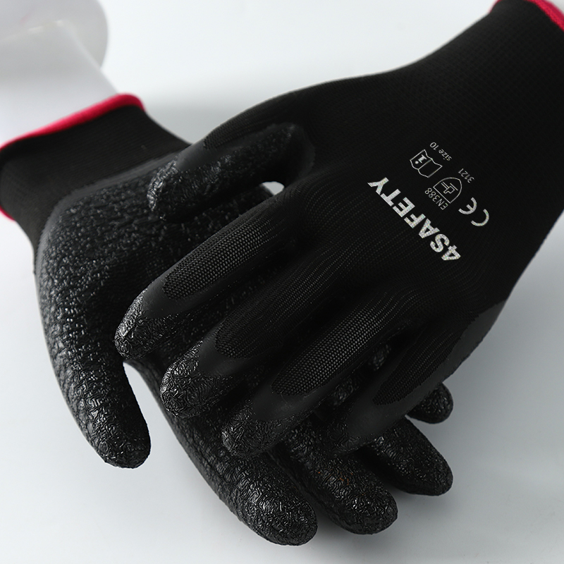 Black polyester with black crinkle latex coated gloves