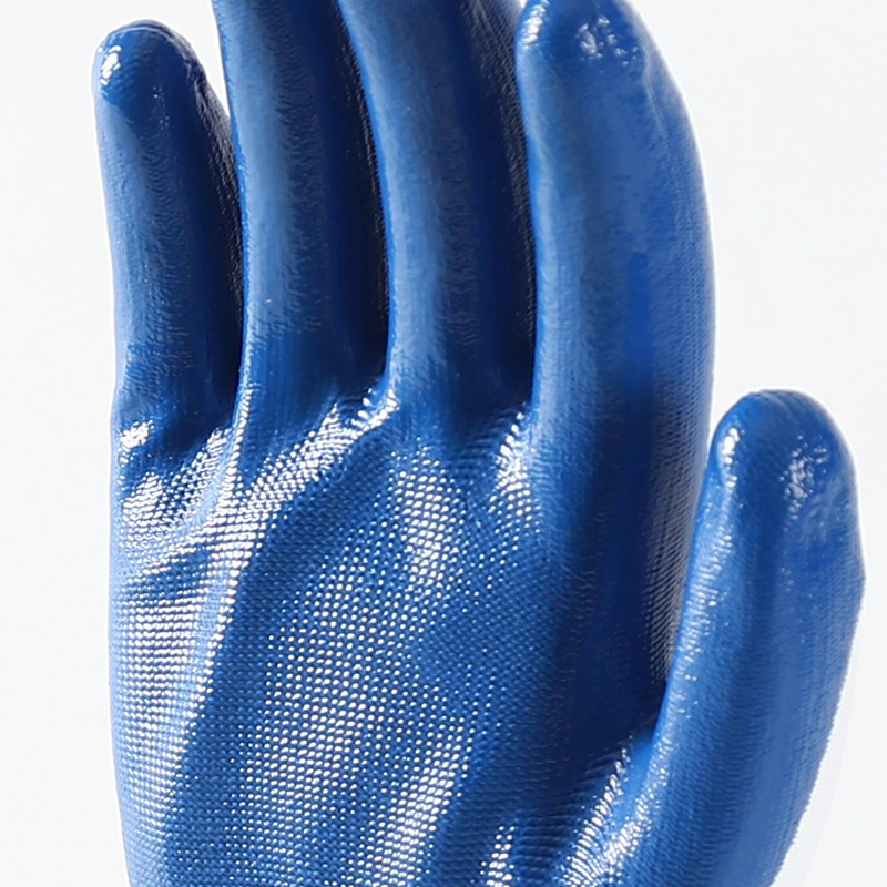 White polyester with blue nitrile coating gloves