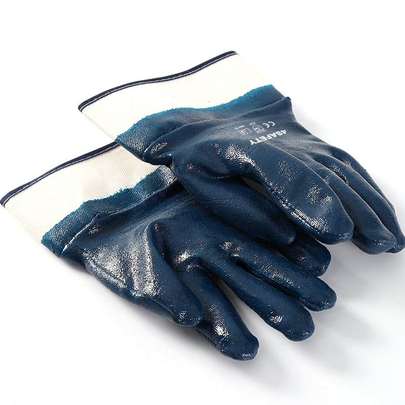 Interlock safe cuff blue nitrile fully coating gloves