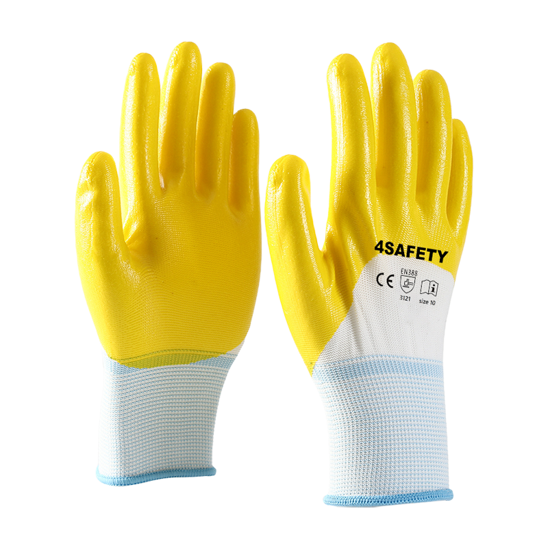 Yellow 13G Polyester Liner Nitrile Half Coated Work Gloves For Sale