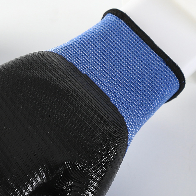 Blue zebra polyester with black nitrile coating gloves