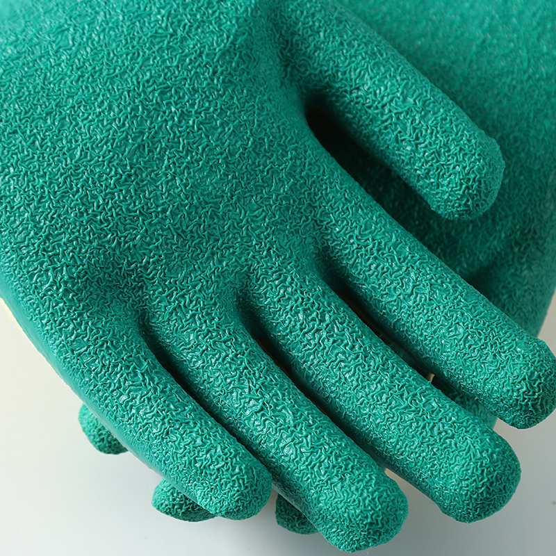 Yellow cotton with green latex crinkle coating gloves