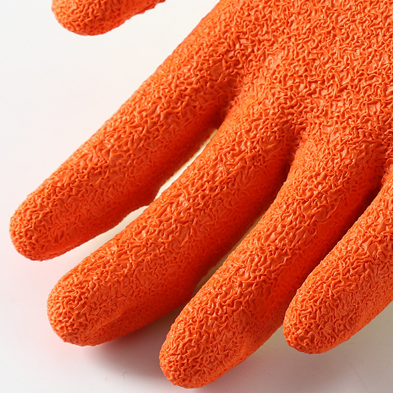 Yellow cotton with orange latex crinkle coating gloves
