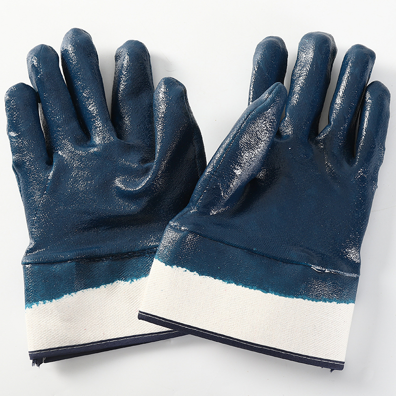 Interlock safe cuff blue nitrile fully coating gloves