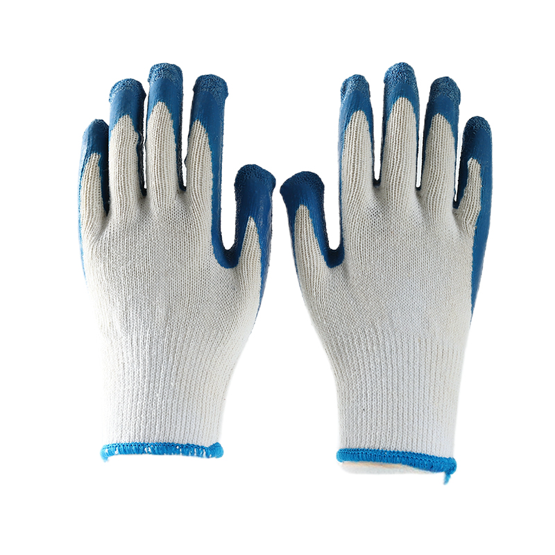 White cotton with blue latex crinkle coating gloves