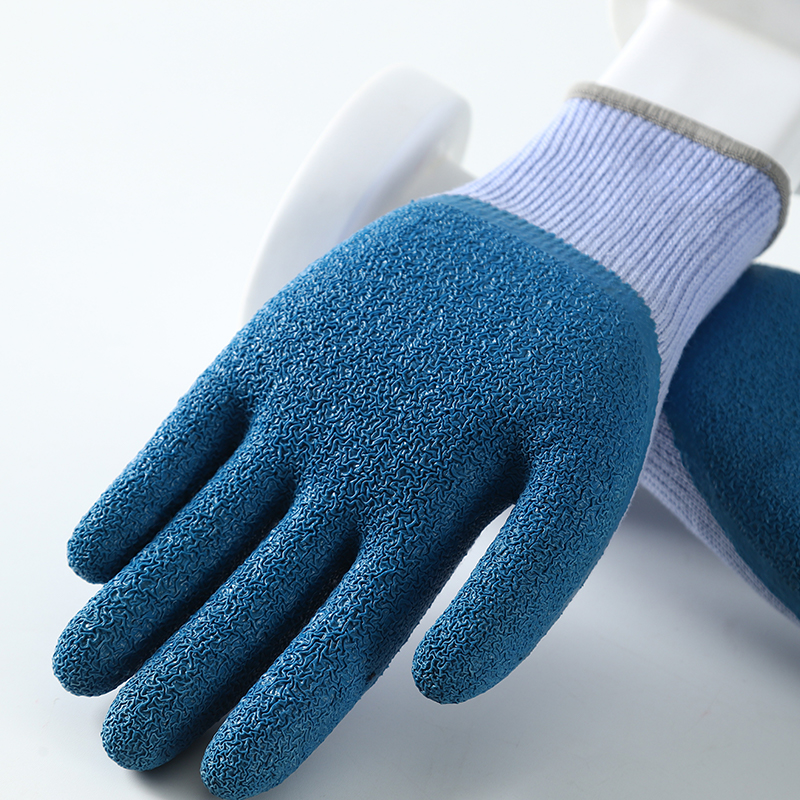 Blue cotton with blue latex crinkle coating gloves