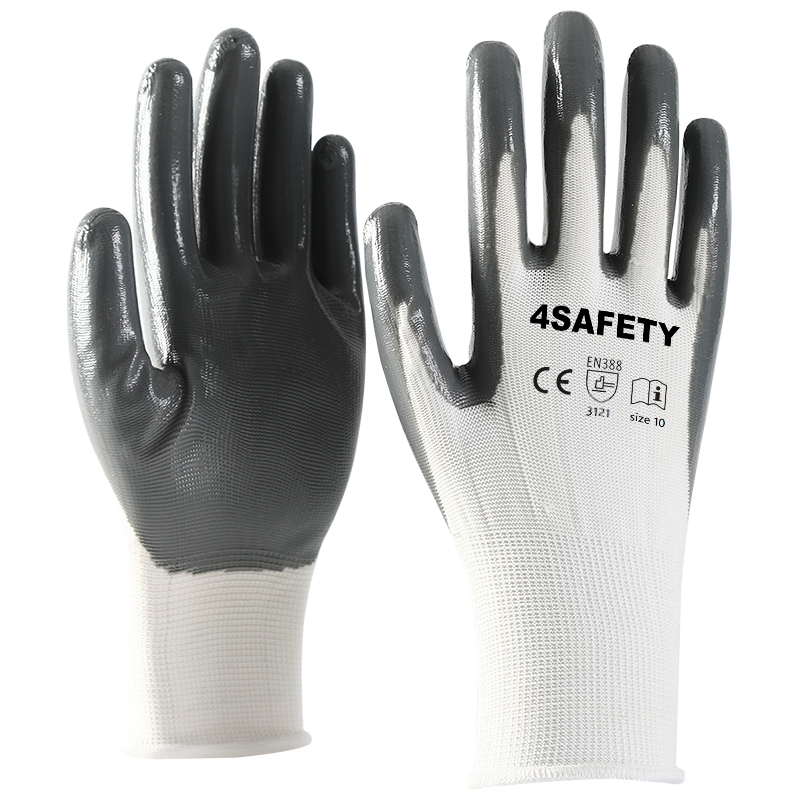 White polyester with gray nitrile coating gloves