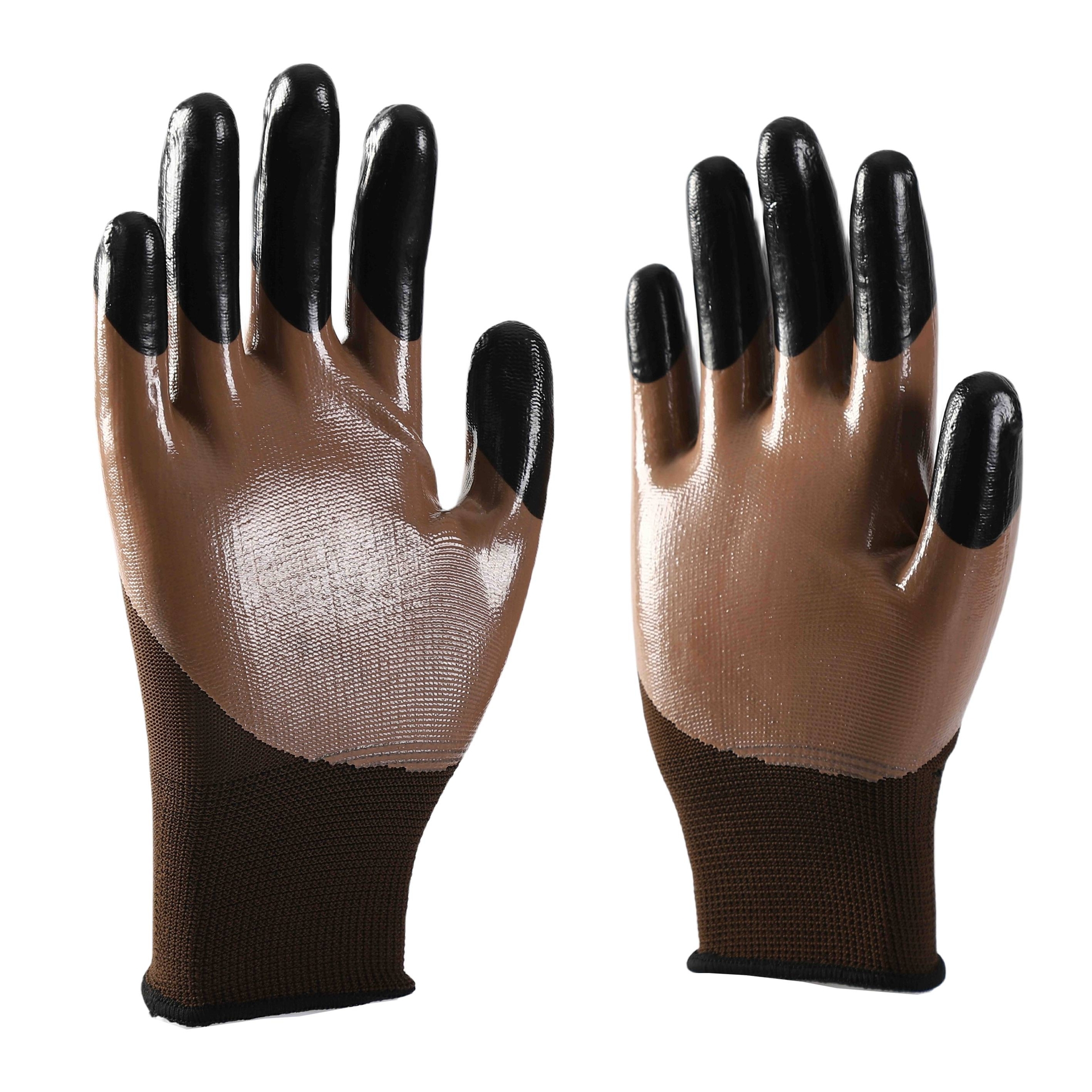 Brown polyester with brown nitrile Half Coated Gloves