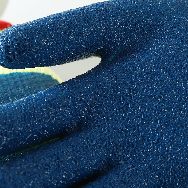 Yellow cotton with blue latex crinkle coating gloves