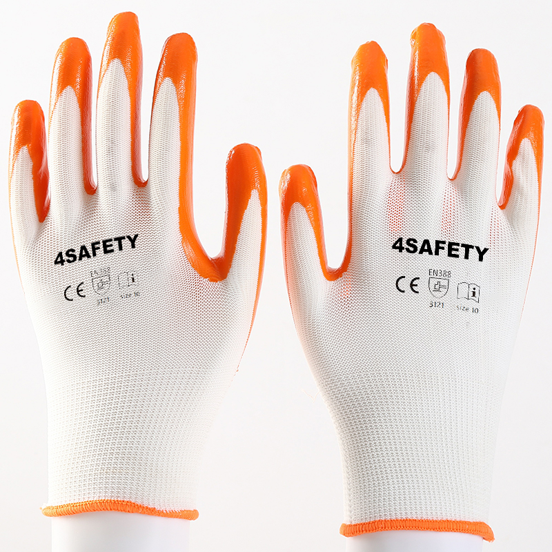 White polyester with orange nitrile coating gloves